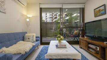 Smart TV, DVD player, books, music library