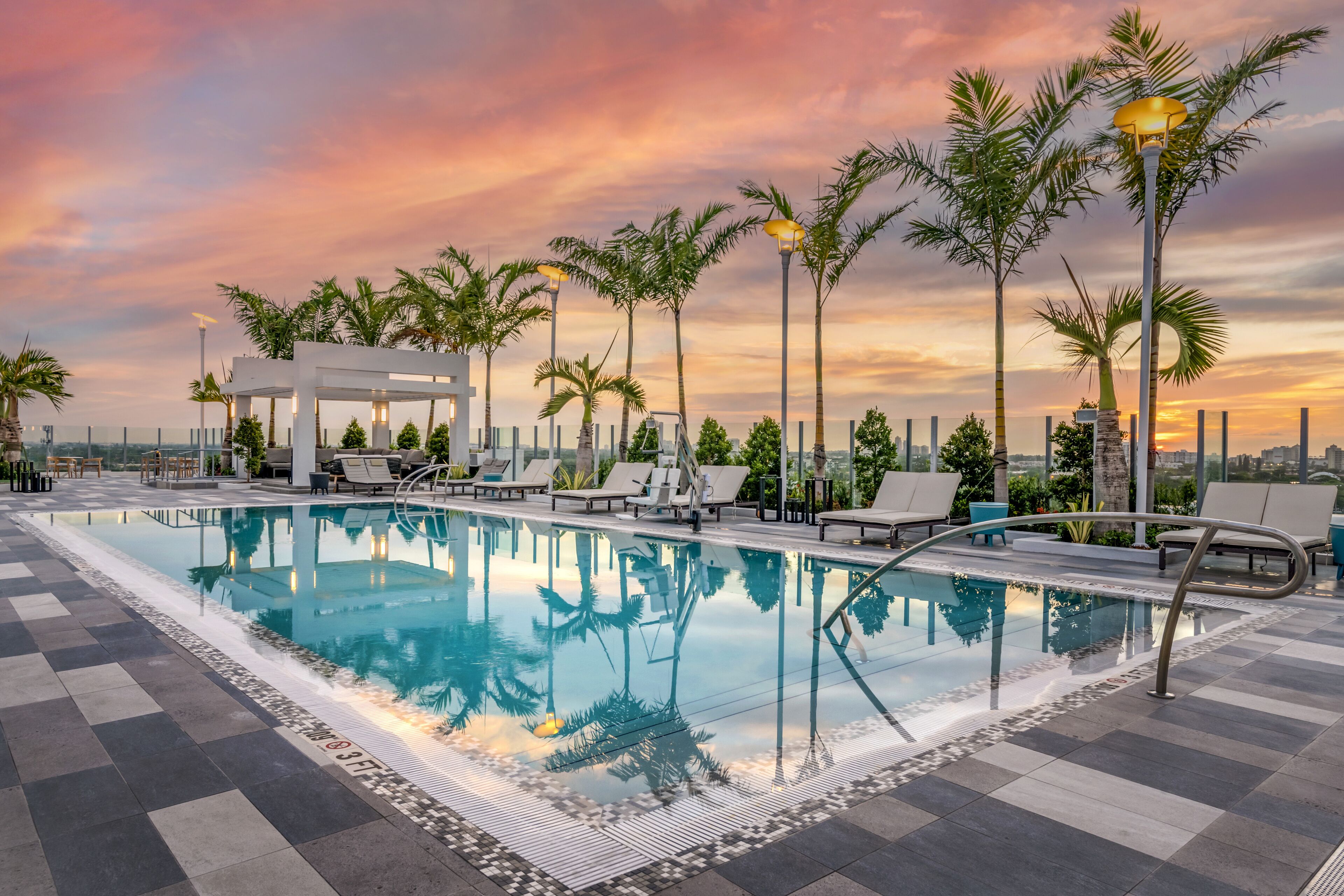 outdoor pool, pool loungers