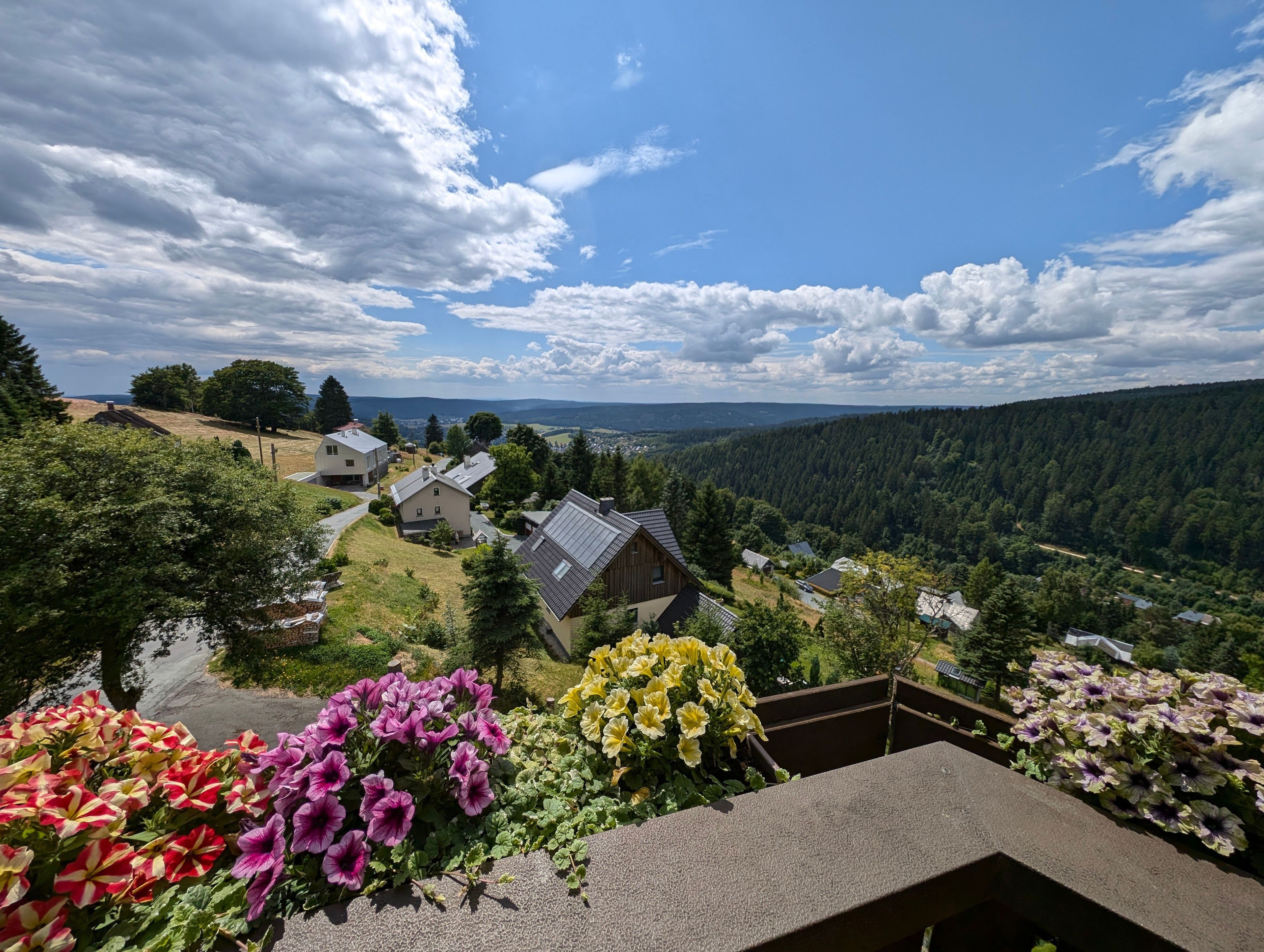 Un quartier résidentiel avec des maisons, un ciel dégagé et une chaîne de montagnes en arrière-plan.