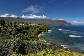 A coastal landscape with a mountain range, clear blue sea, and lush greenery.