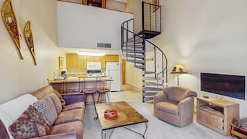 Televisión, chimenea, reproductor de DVD