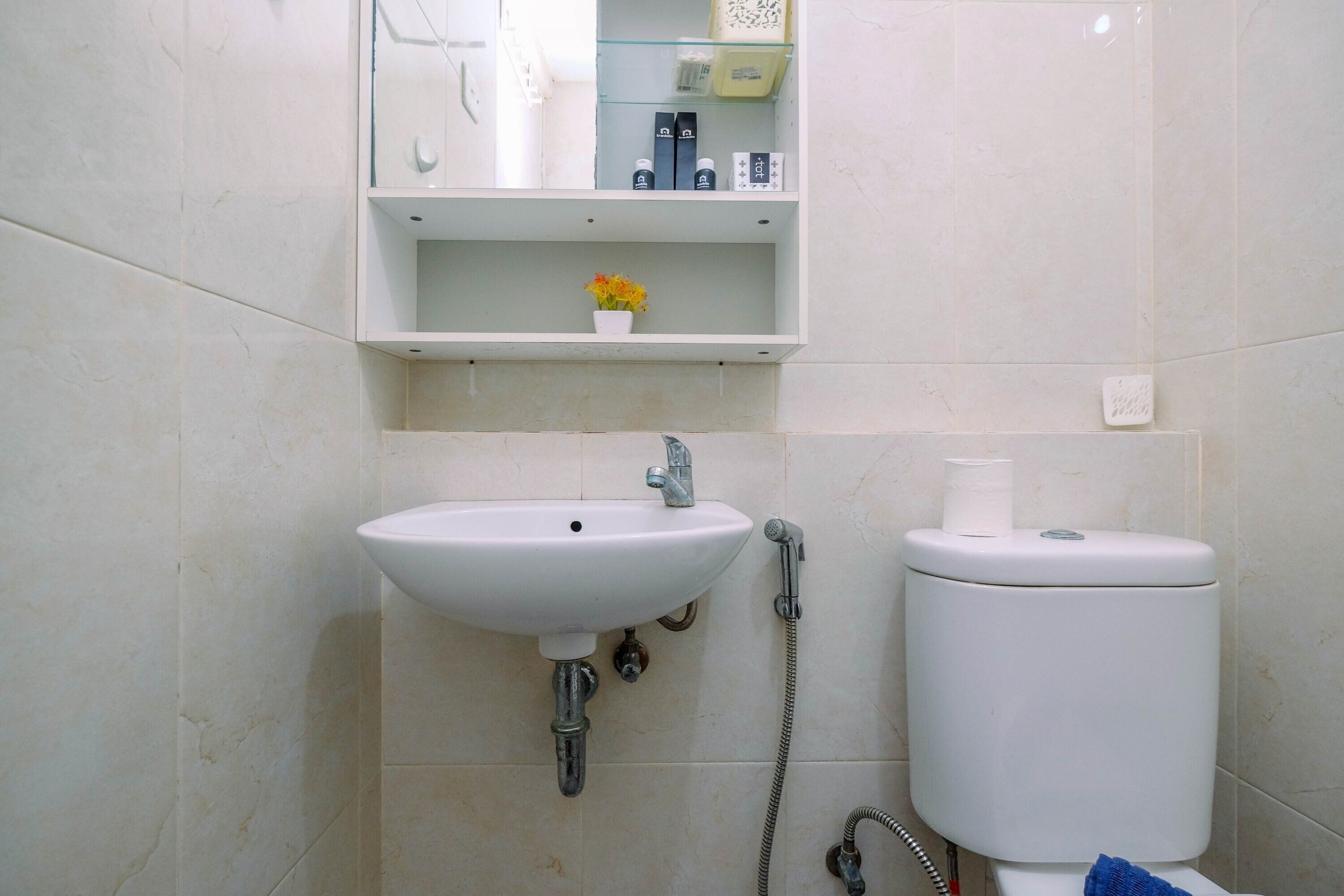 A bathroom with a white sink, a toilet, and a shelf above the sink.