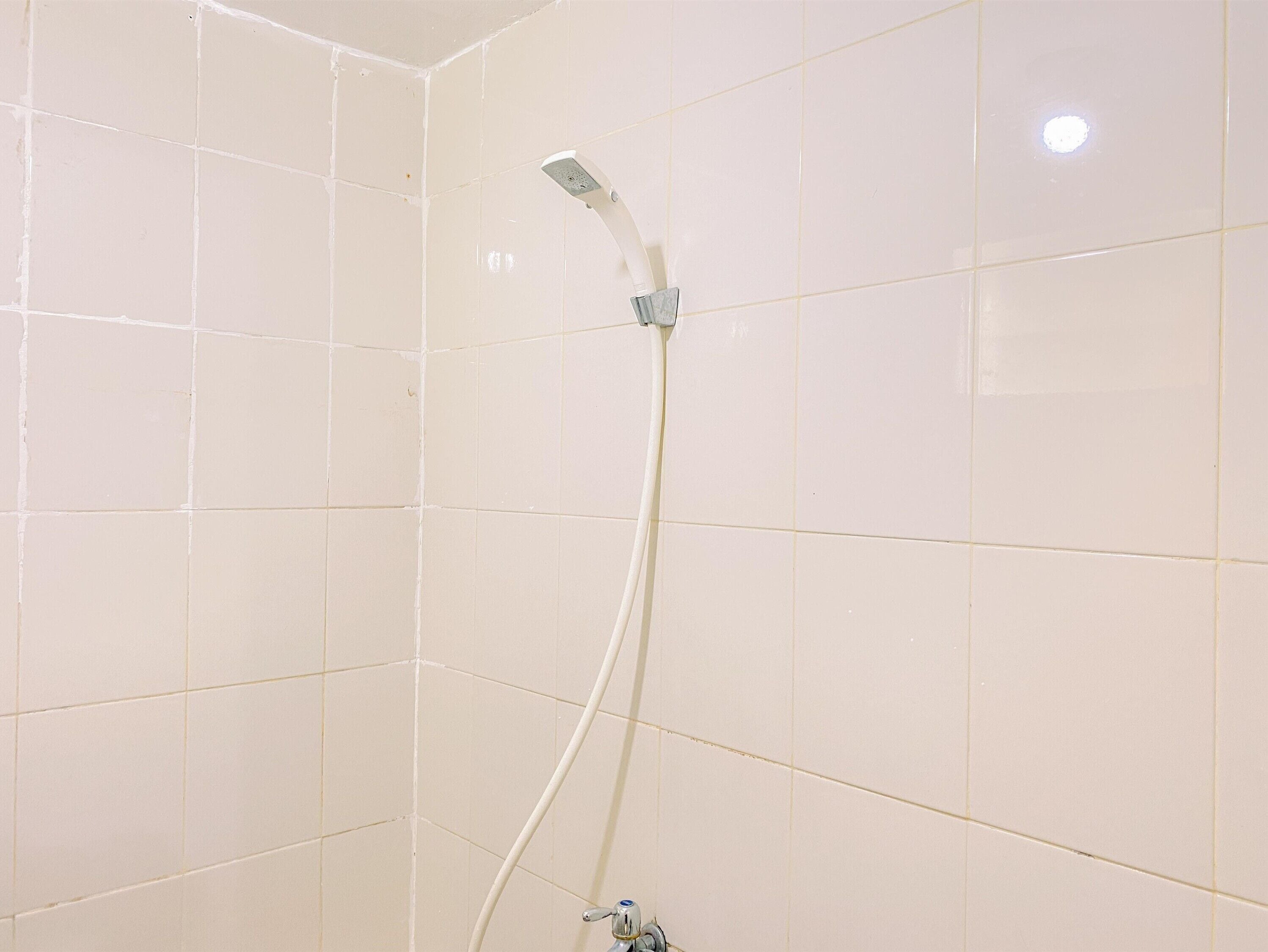 A shower with a handheld showerhead and a wall-mounted faucet in a tiled bathroom.