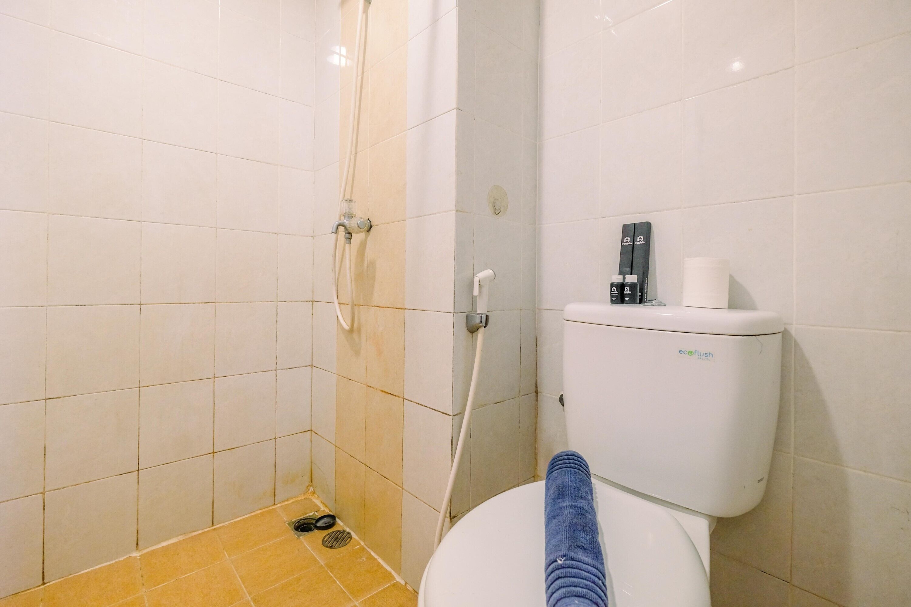 Een badkamer met een toilet, een douche en een toiletrolhouder.