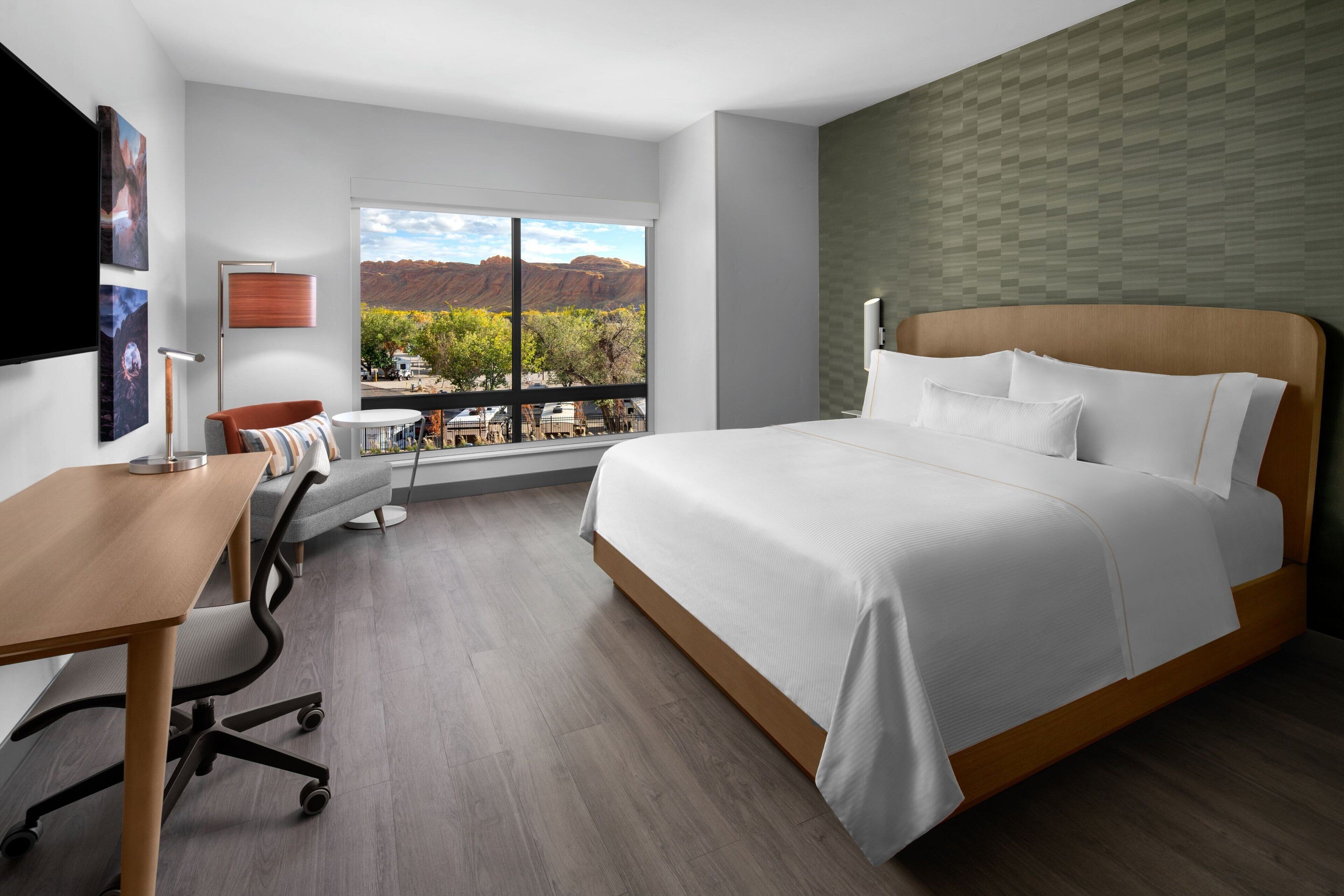 desk, laptop workspace, blackout curtains, iron/ironing board