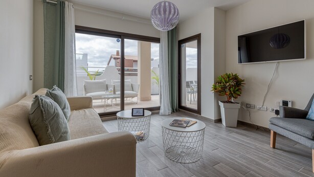 En moderne stue med sofa, sofabord og fjernsyn. Der er en balkon med havemøbler og en potteplante.