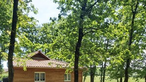 A wooden cabin with a tiled roof, surrounded by trees and a grassy area. - Le gîte du Pic-vert in the woods of Périgord Pourpre (Saint-Pierre-d'Eyraud)