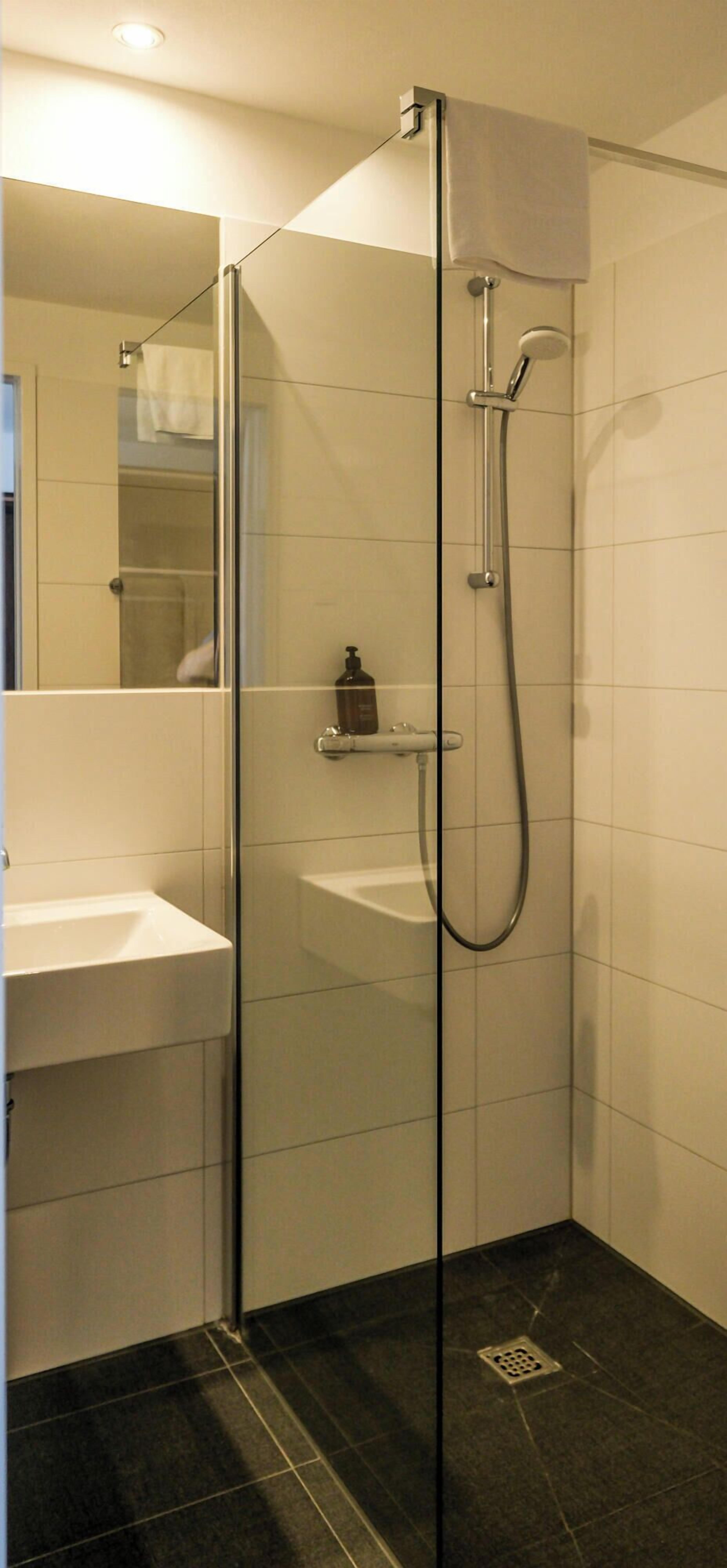 A glass-enclosed shower stall with a handheld showerhead and a handheld soap dispenser on a shelf.