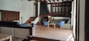 Télévision, cheminée, table de tennis de table