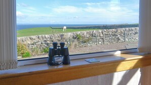 Una ventana con unos binoculares sobre un alféizar de madera, con vistas a una zona verde con un muro de piedra y el mar.