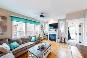 TV, fireplace, DVD player, books