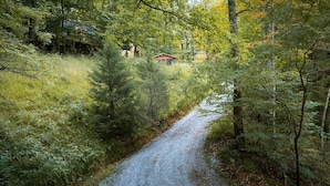 A gravel path through a forest with a small cabin in the background. - Hot Tub, Views, Outdoor Oasis (Todd)