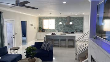 TV, fireplace, foosball