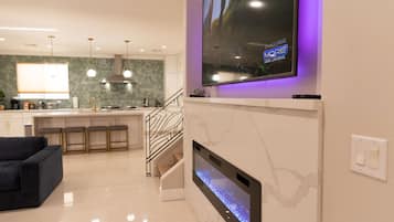 TV, fireplace, foosball