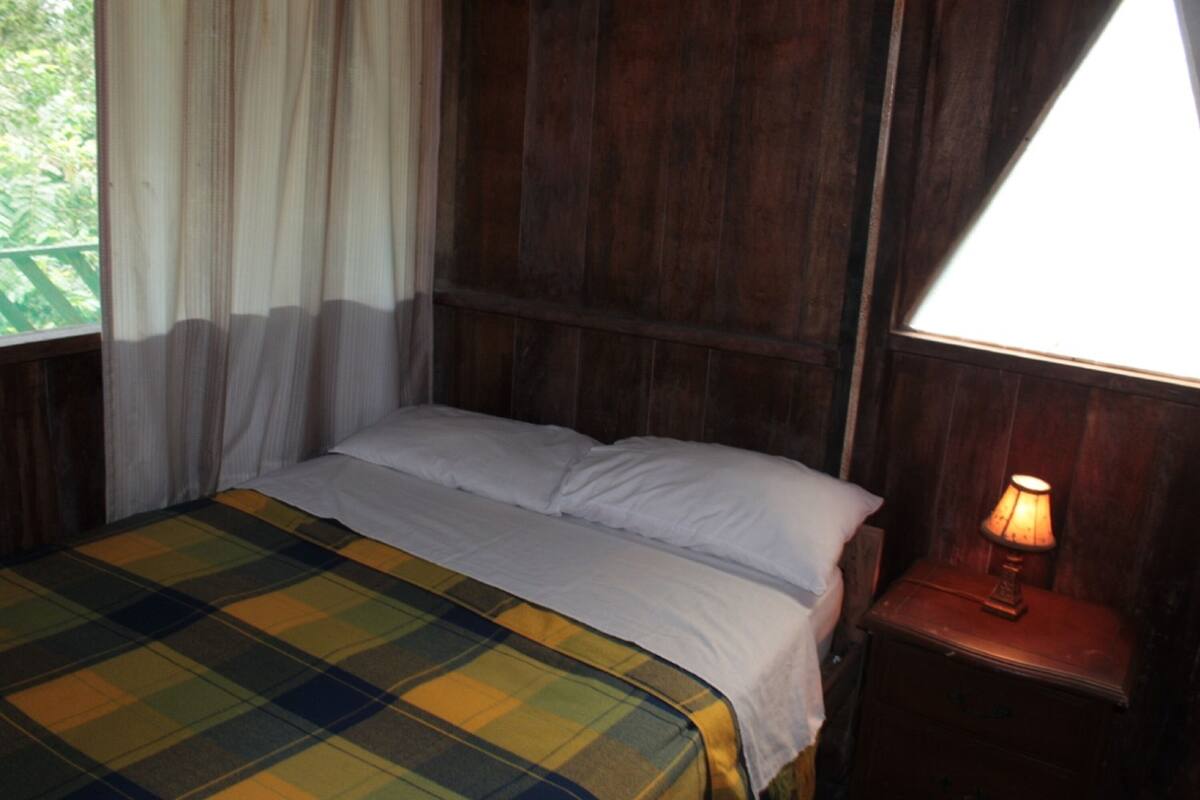 A bed with a plaid blanket, a bedside lamp, and a window with curtains.