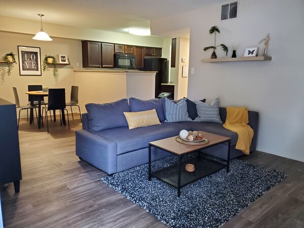 Smart TV, fireplace, Netflix, Hulu