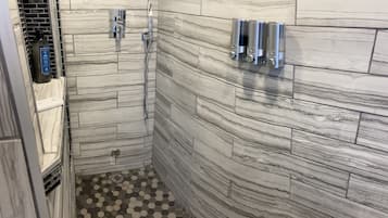 Douche, sèche-cheveux, serviettes fournies, savon