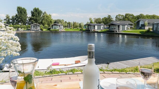 A lakeside table with a bottle, glasses, and a vase of flowers. - Picturesque holiday home with garden on open waters (Terherne)