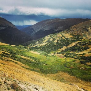 Un paysage montagneux avec une vallée, des forêts denses et un ciel dégagé.