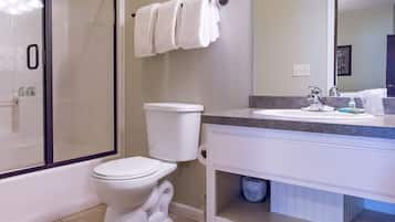 Combined shower/tub, hair dryer, shampoo