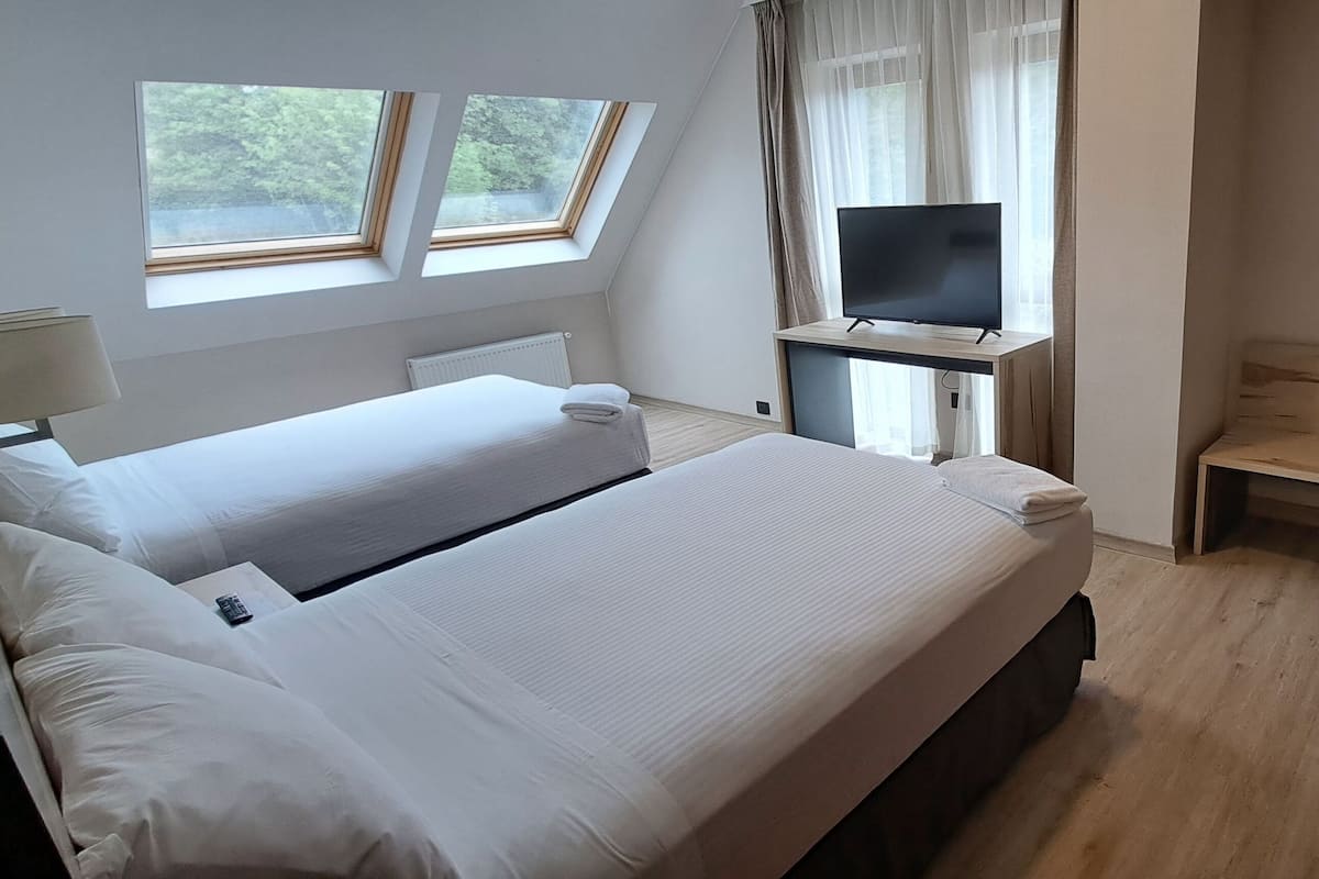 A bedroom with two beds, a TV, a desk, and a window.