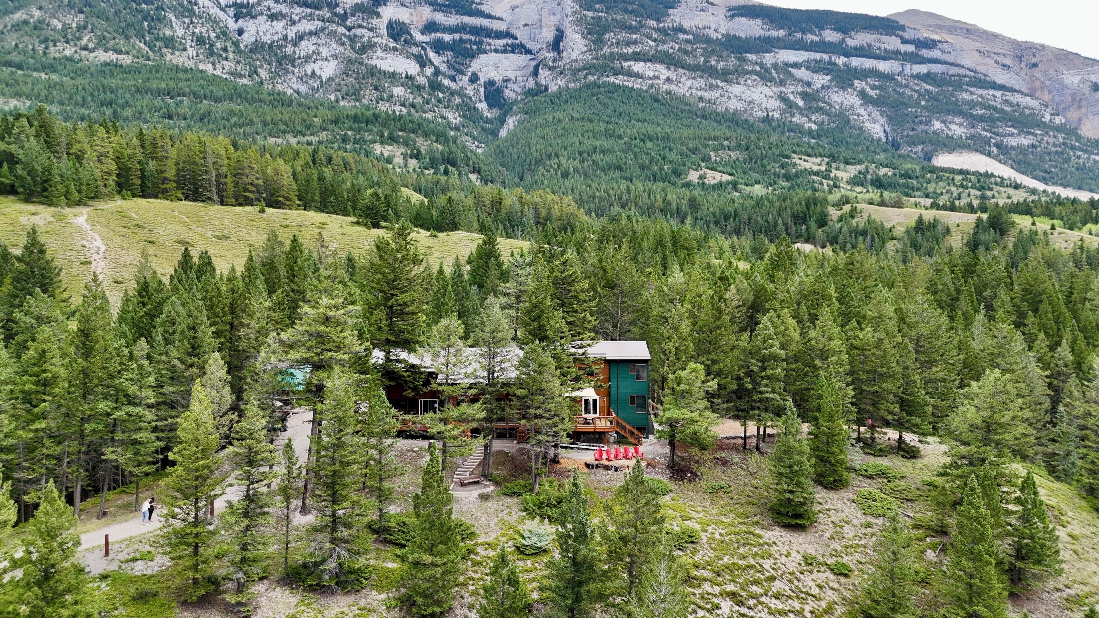 Une cabane entourée d’une forêt dense, avec une montagne en toile de fond.