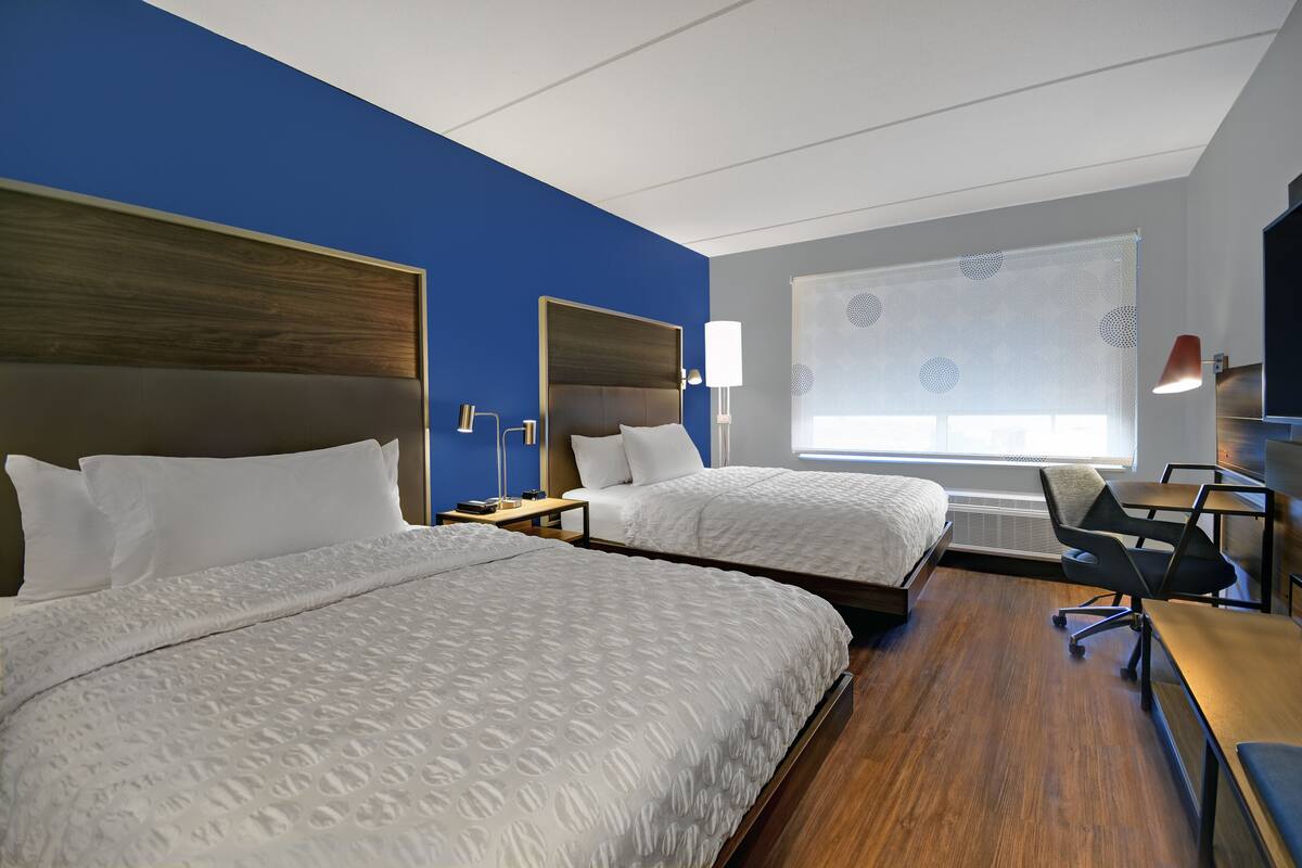 Une chambre d’hôtel avec deux lits, un bureau, une chaise, une fenêtre donnant sur un paysage agréable et un mur orné d’un motif décoratif.