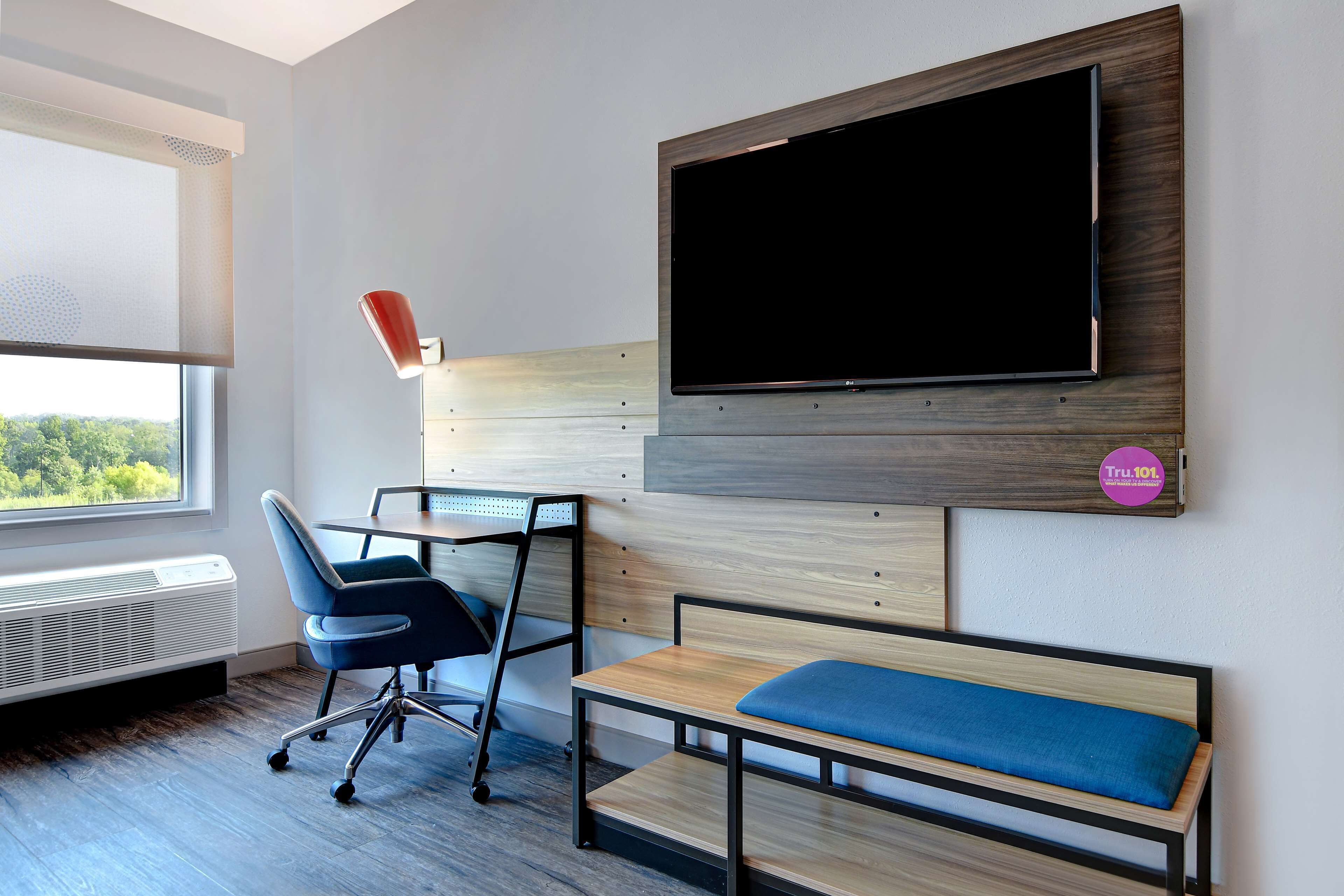 desk, laptop workspace, blackout curtains, iron/ironing board