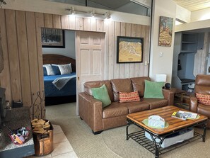 Smart TV, chimenea, reproductor de DVD, libros