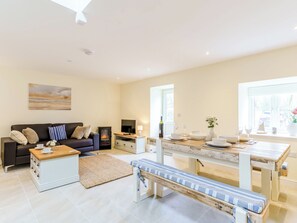 A living room with a sofa, a TV, a fireplace, a dining table with chairs, and a window.
