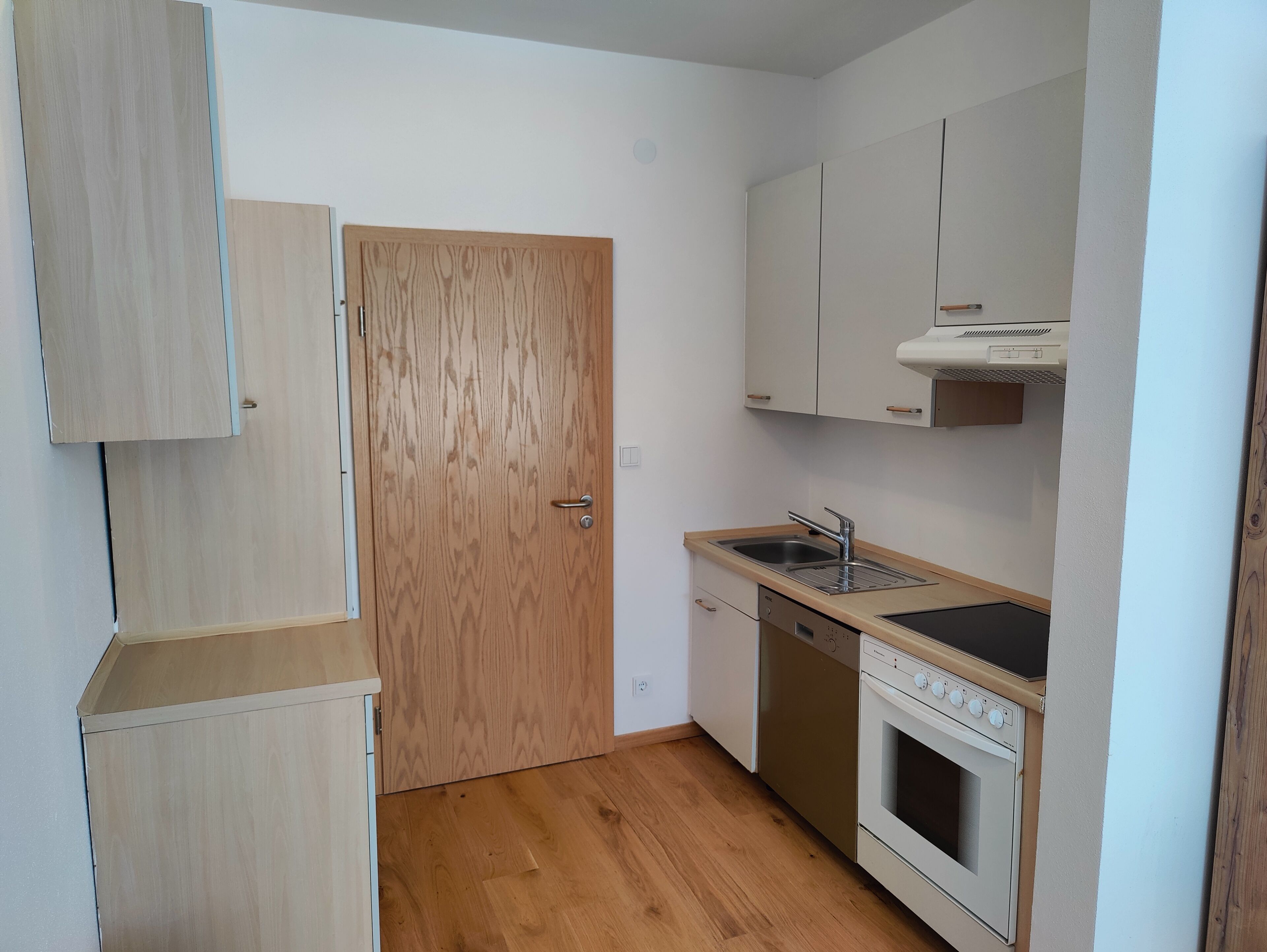 Una cocina compacta con puerta de madera, armarios blancos, un lavamanos y un lavavajillas.