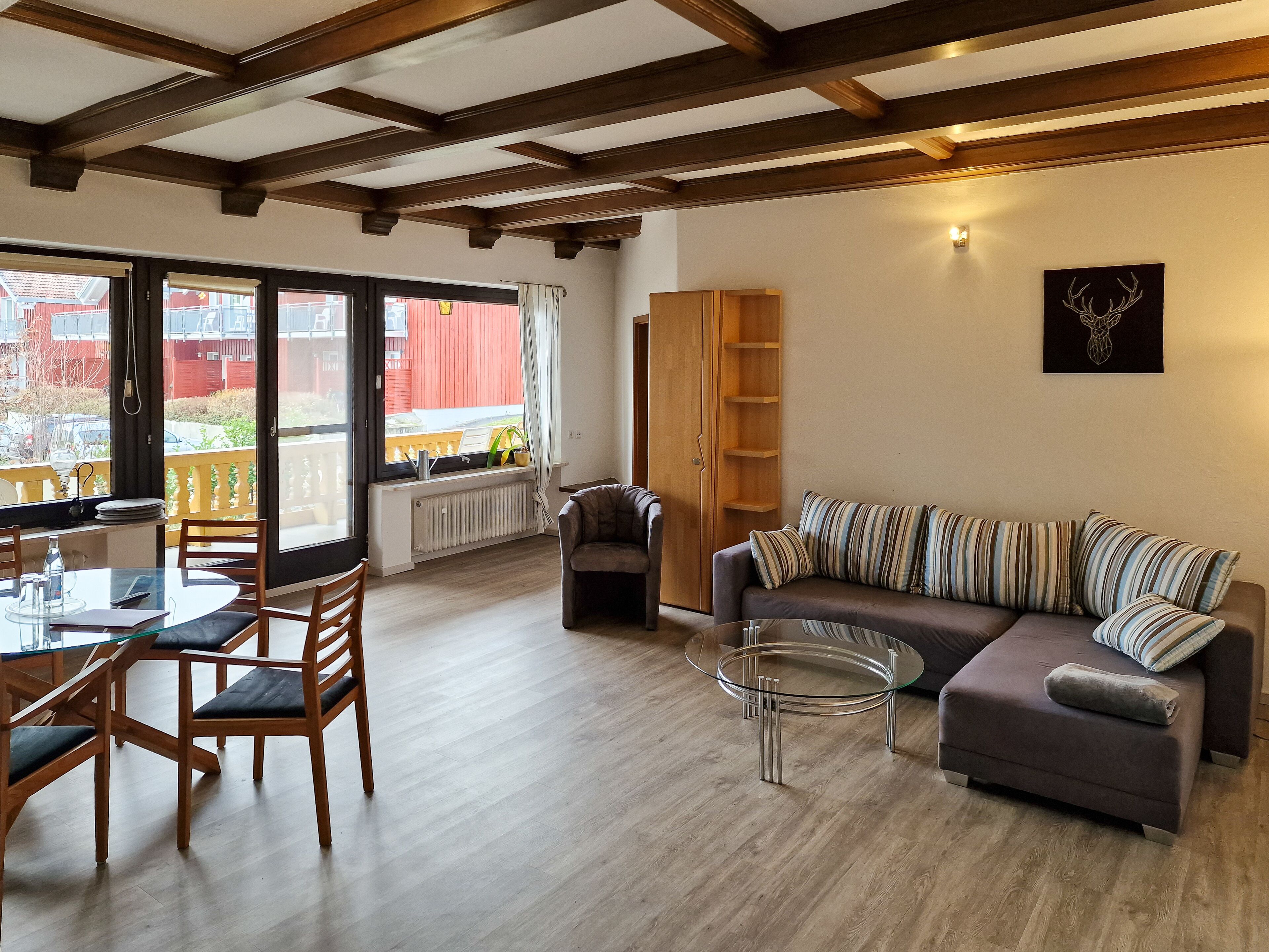 Desk, blackout curtains, bed sheets