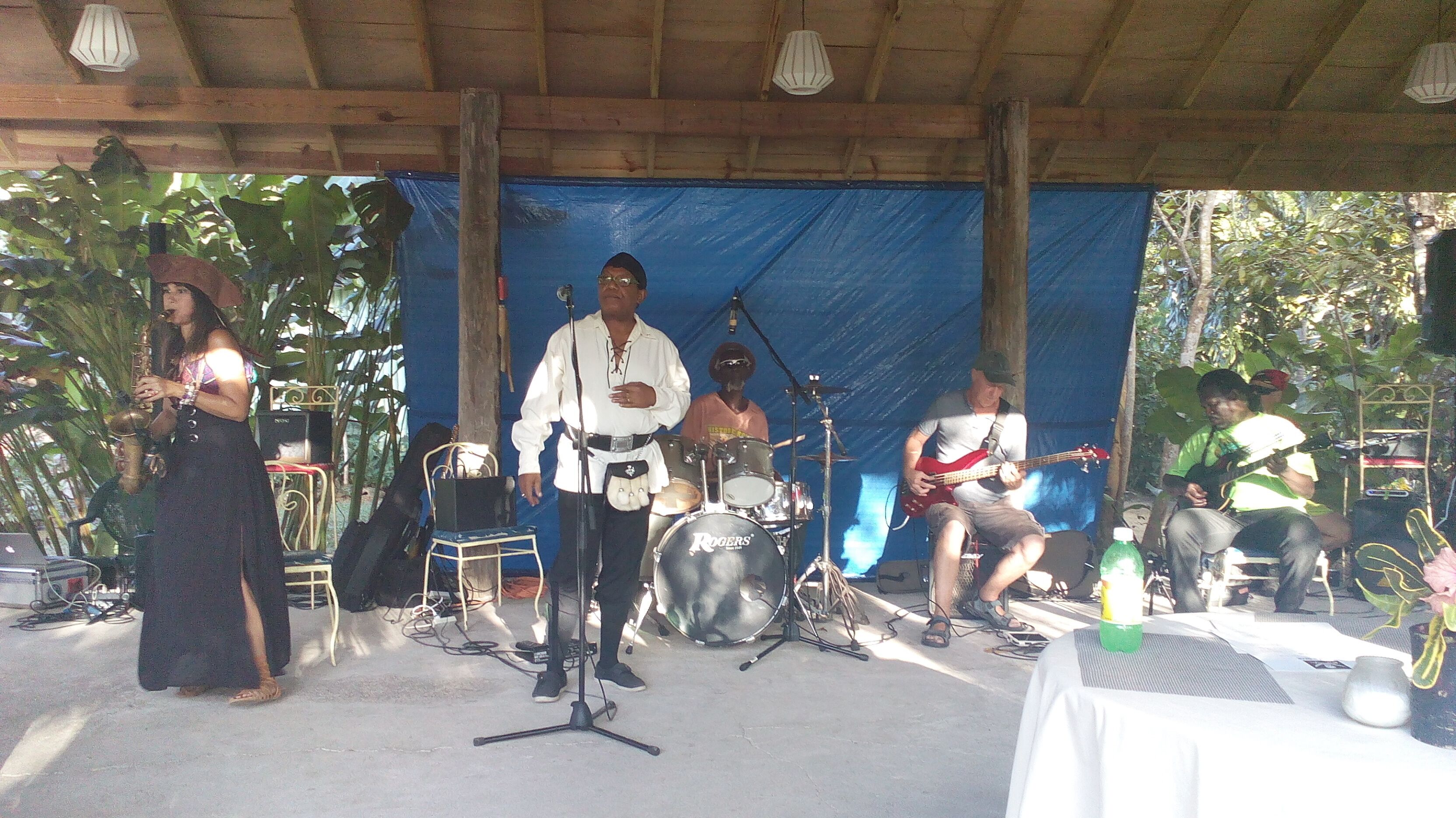 A band performing on an outdoor stage with a blue backdrop, surrounded by greenery.
