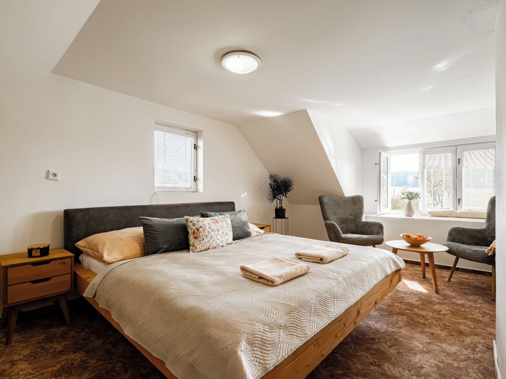 A bedroom with a bed, two chairs, a bedside table, a window, and a ceiling light.