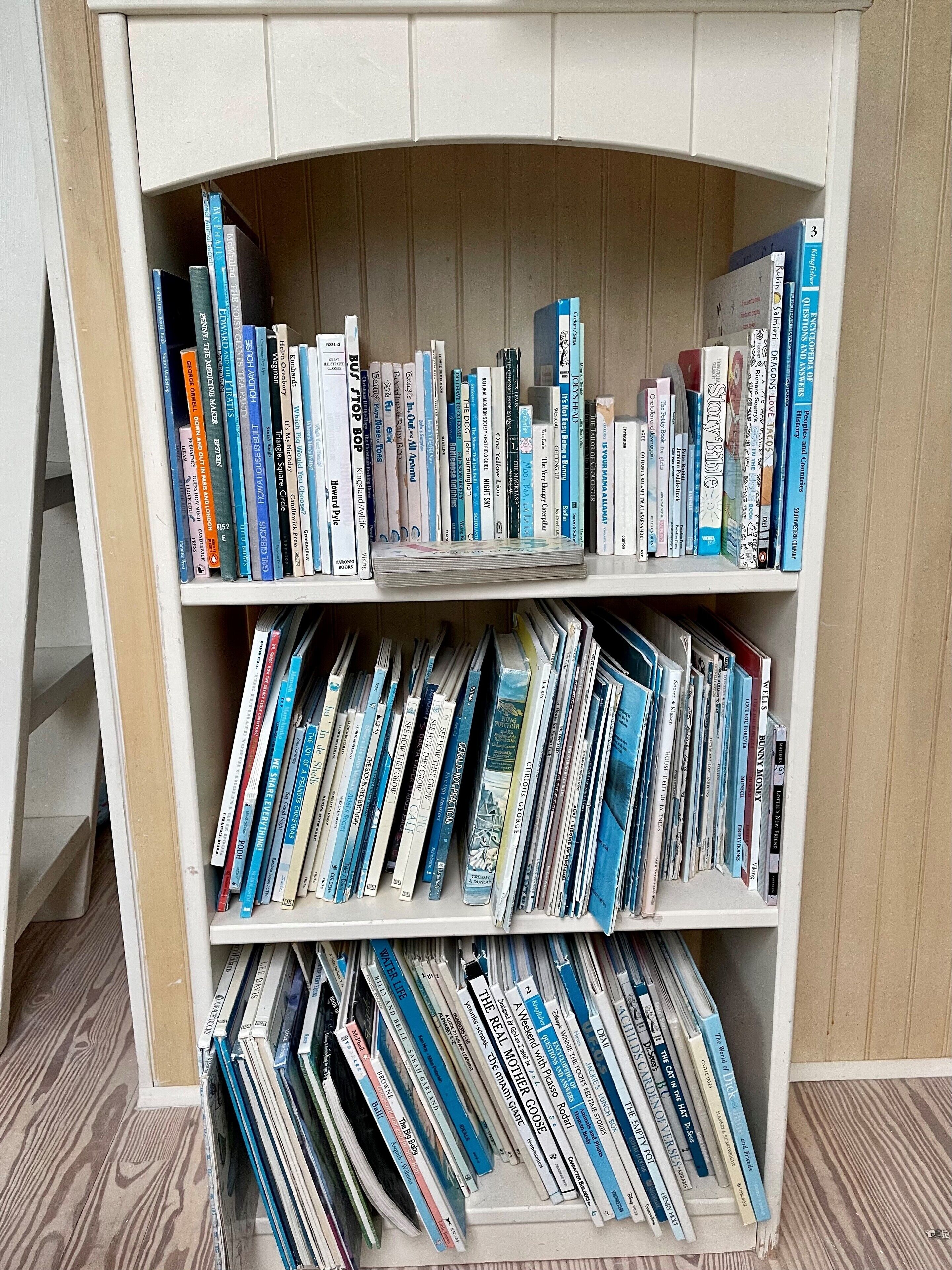 A bookshelf with multiple shelves filled with books.