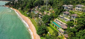 A coastal residential area with beachfront properties, a swimming pool, and lush greenery.
