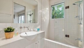 Shower, free toiletries, hair dryer, soap