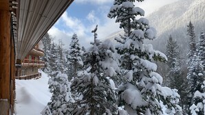 Ein hölzernes Gebäude mit Balkon und Blick auf eine verschneite Landschaft mit hoch aufragenden Nadelbäumen.