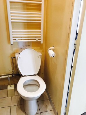 Ensemble baignoire-douche, serviettes fournies, papier de toilette