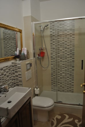 Dusche, Haartrockner, Handtücher, Seife