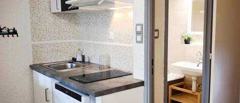 A compact kitchen with a built-in dishwasher, a stainless steel sink, and a tiled backsplash.
