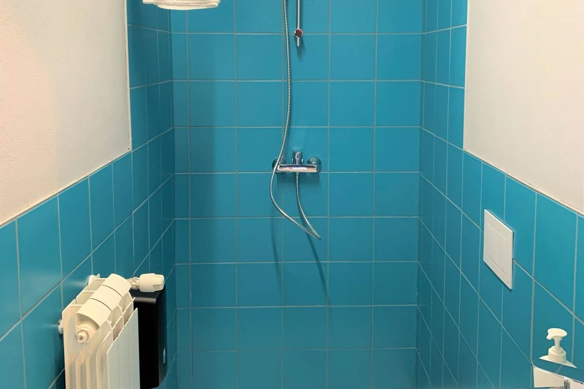 A bathroom with blue tiles, a white toilet, a white sink, and a shower with a handheld showerhead.
