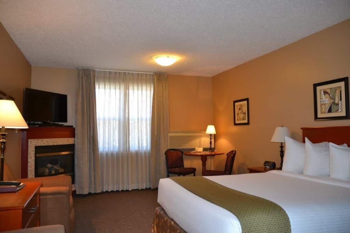 Une chambre d’hôtel équipée d’un lit, d’une télévision, d’une cheminée, d’un bureau, d’une chaise et d’une fenêtre avec des rideaux.