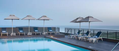 Outdoor pool, open 9:00 AM to 6:00 PM, pool umbrellas, sun loungers
