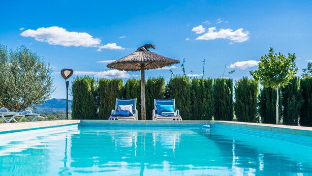 Une piscine avec deux chaises longues et un parasol en chaume.