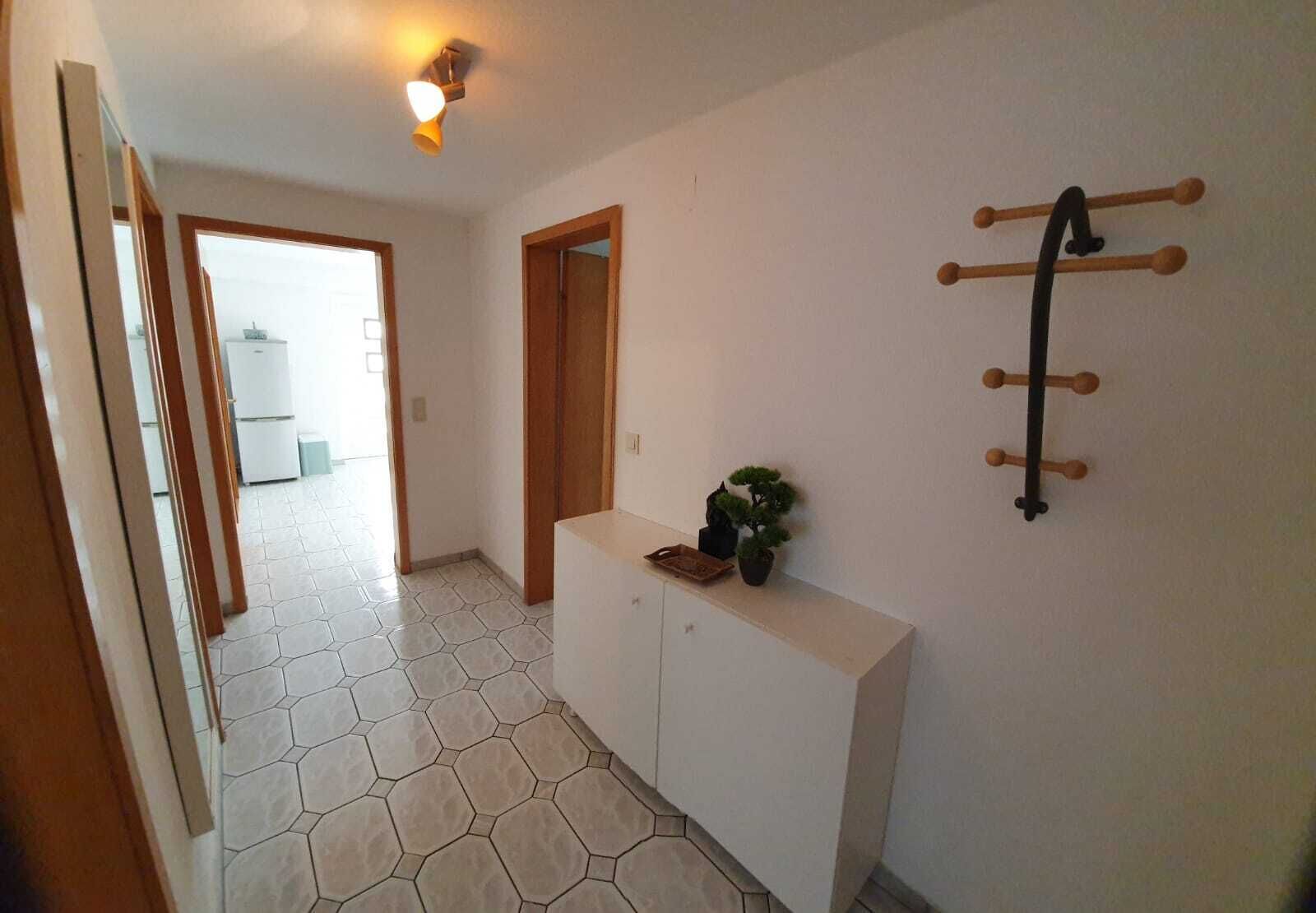 A hallway with hexagonal tiled flooring, a white cabinet with a potted plant, and a wall-mounted rack with hooks.