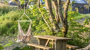 A hammock suspended from a tree, a wooden picnic table, and a house in the background. - Foxglove - Barn Conversion - Blossom  Farm (Haverfordwest)