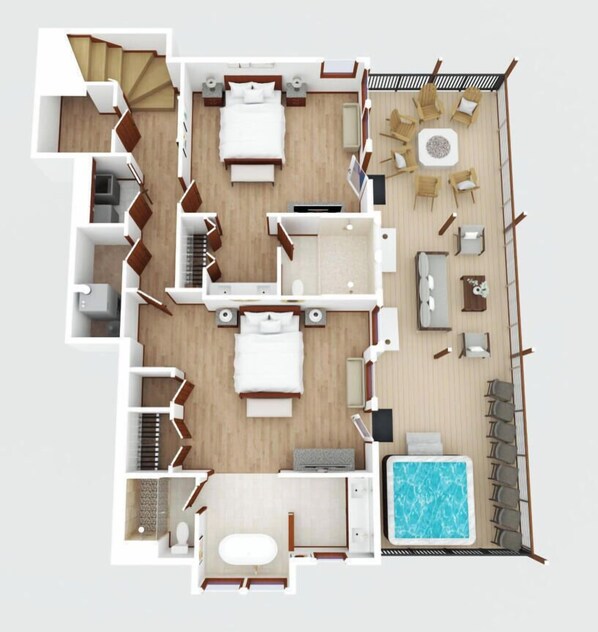 A 3D floor plan of a hotel room with a bed, seating area, pool, and a staircase. - Hot Tub/Fire Pit/Game Room/VIEWS of Mt.Leconte - Three Suite Retreat (Gatlinburg)