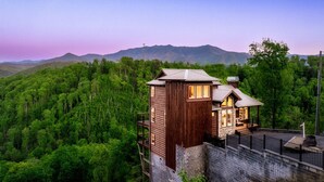Een houten chalet met balkon, omringd door dicht bos en bergen.