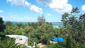 Un paisaje tropical con vista despejada al mar, rodeado de vegetación exuberante y algunas construcciones.